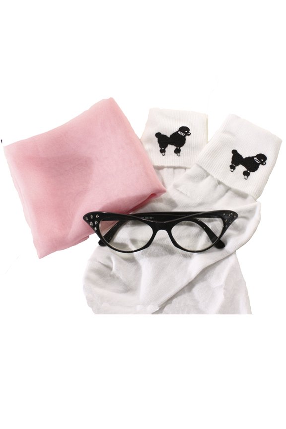 Sheer Light Pink Chiffon Scarf, Cat Eye Glasses & Poodle Socks - 50s Accessory Set