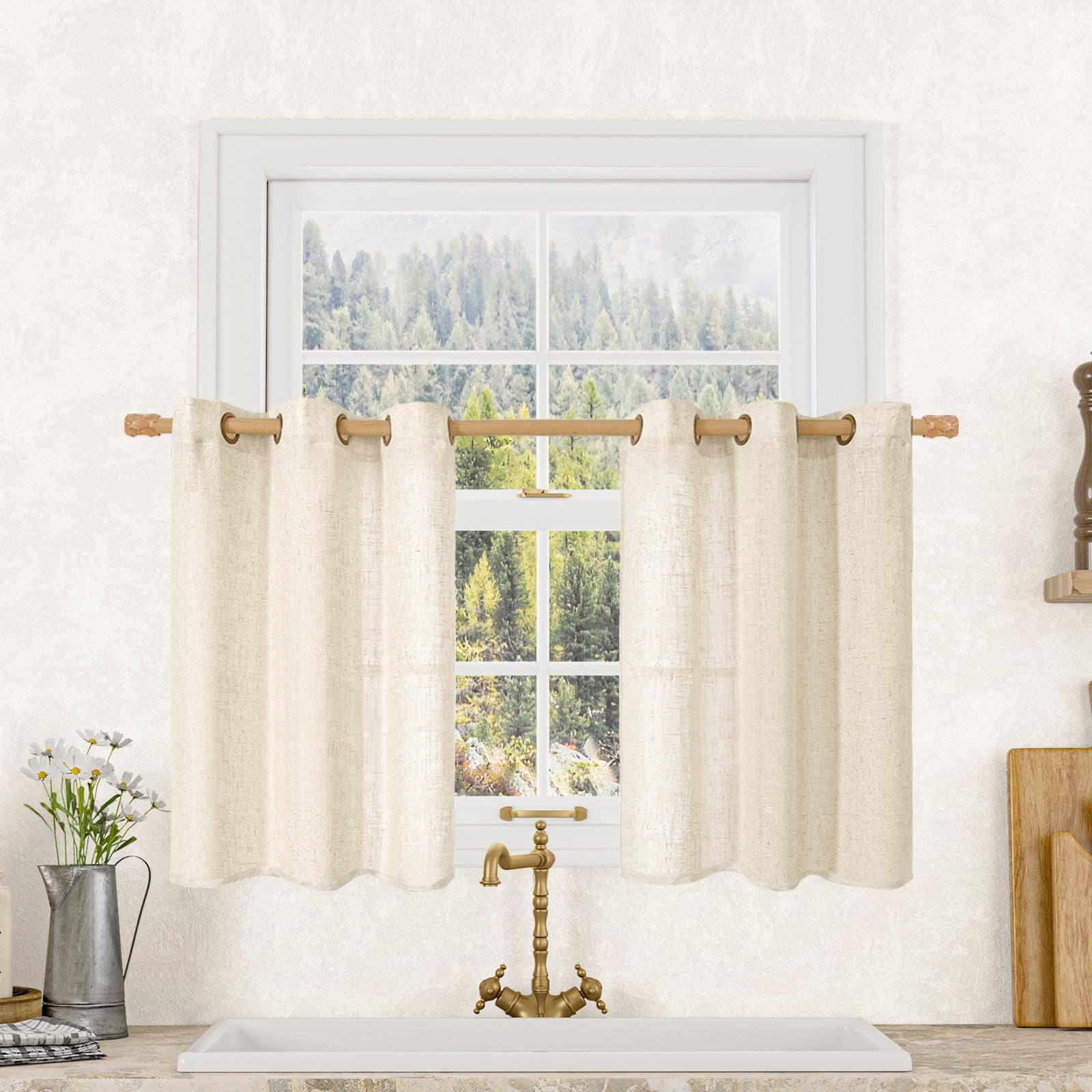 Sheer Linen Curtains 84 Inches Long Light Filtering Boho Window Treatments Semi Sheer Neutral Drapes with Bronze Grommet for Living Room and Bedroom 2 Panels Set