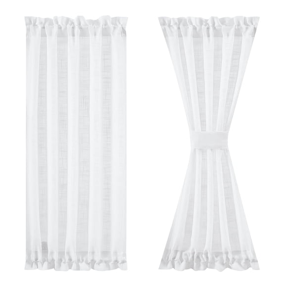 Sheer Linen Door Curtains - White 72 Inches Long Textured Front Solid Sliding Curtain Set With Tiebacks 50 Wide 1 Panel
