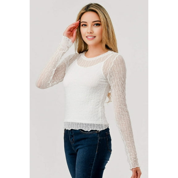 Sheer Long Sleeve Mesh Tops With Attached Cami Top - White