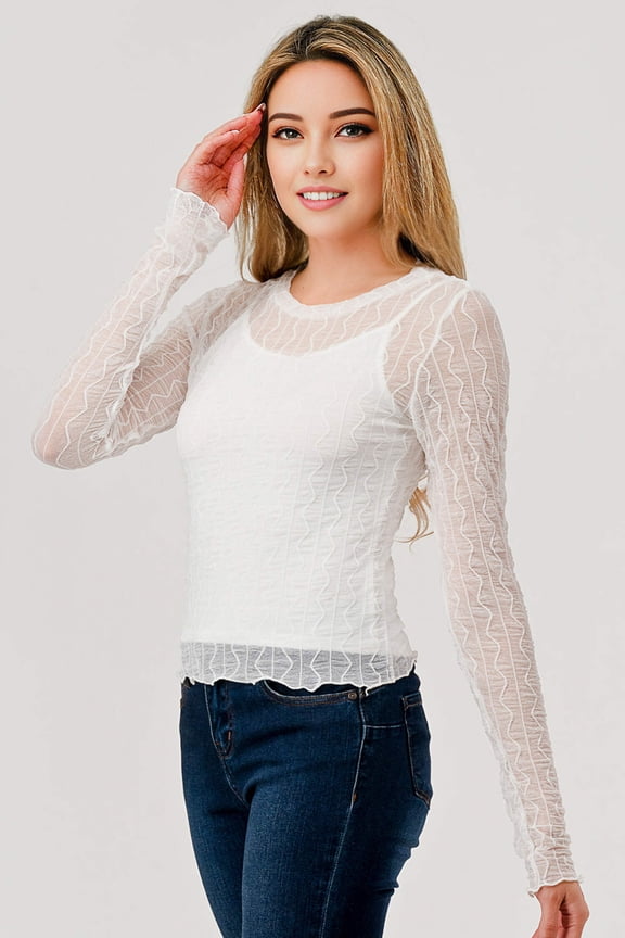 Sheer Long Sleeve Mesh Tops With Attached Cami Top - White