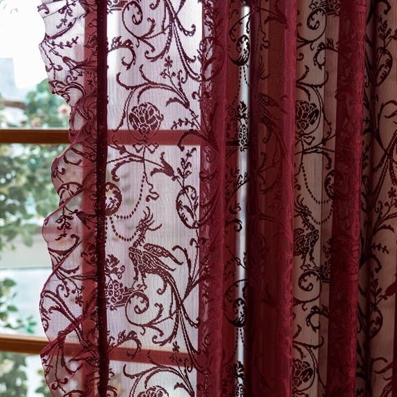 Sheer Maroon Curtains for Bedroom 80 Inches Long - Elegant Flower Pattern Lace Curtains for Closet Door Way 2 Panels, Light Filtering Burgundy Drapes with Ruffle Edges, 59W x 80L Inch