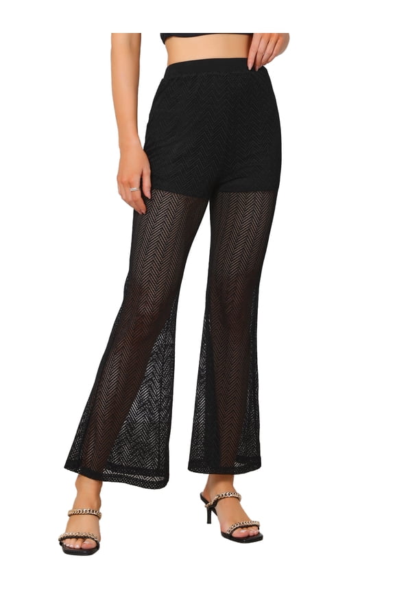 Sheer Mech Pants for Women's High Waist Dressy Flare Sexy Goth Long Trousers M Black