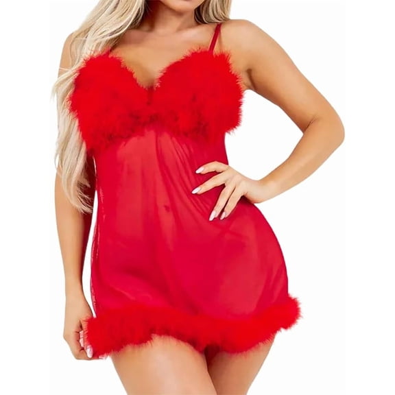 Sheer Mesh Babydoll with Feather Trim & Adjustable Spaghetti Straps