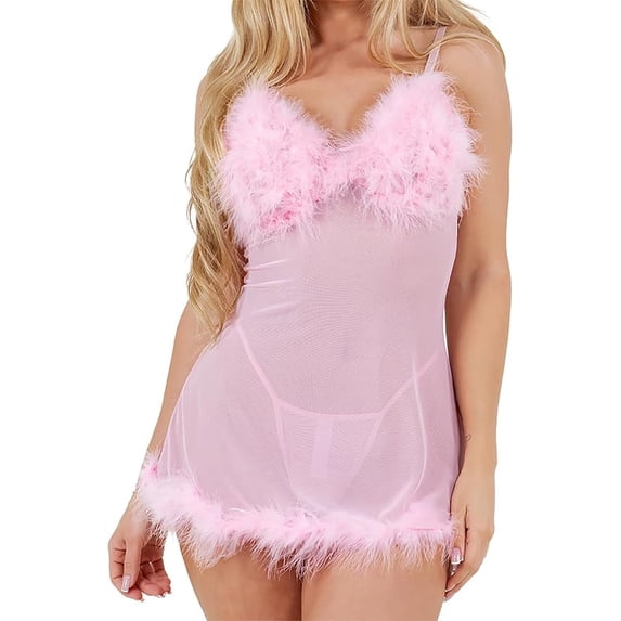 Sheer Mesh Babydoll with Feather Trim & Adjustable Spaghetti Straps