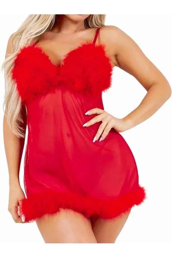 Sheer Mesh Babydoll with Feather Trim & Adjustable Spaghetti Straps