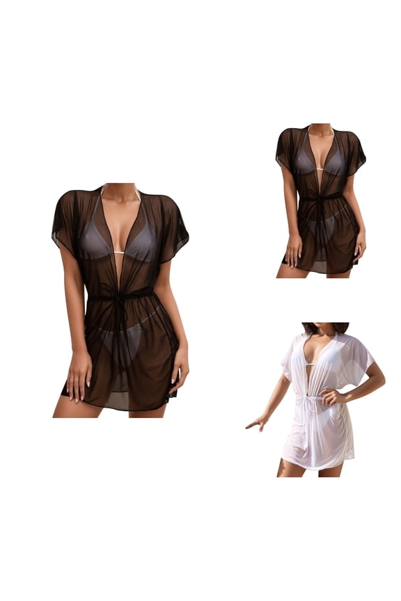 Sheer Mesh Beach Cover Up for Women V-Neck Chiffon Swimsuit Wrap, Sexy Bikini Coverup with Lace Trim