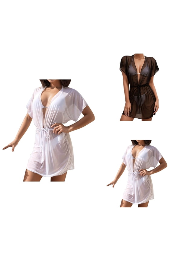 Sheer Mesh Beach Cover Up for Women V-Neck Chiffon Swimsuit Wrap, Sexy Bikini Coverup with Lace Trim