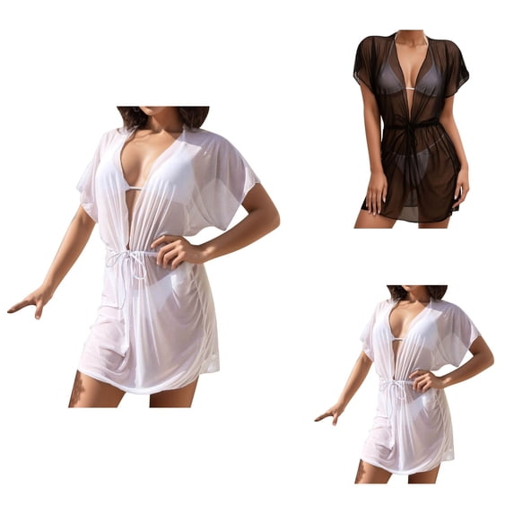 Sheer Mesh Beach Cover Up for Women V-Neck Chiffon Swimsuit Wrap, Sexy Bikini Coverup with Lace Trim
