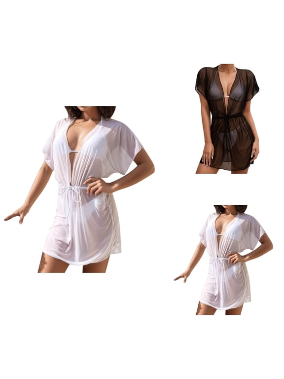 Sheer Mesh Beach Cover Up for Women V-Neck Chiffon Swimsuit Wrap, Sexy Bikini Coverup with Lace Trim