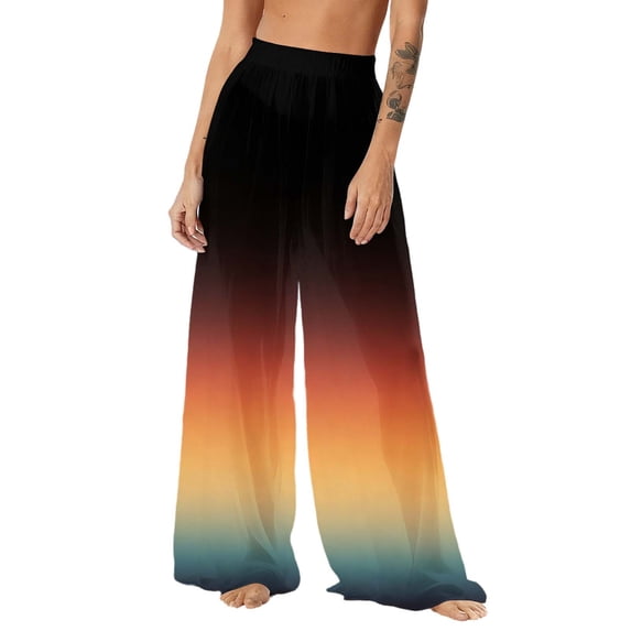Sheer Mesh Beach Pants for Women High Waisted Ombre Color Block Wide Leg Cover Up Trousers Gradient Chiffon Look Flowy Swimwear Coverups