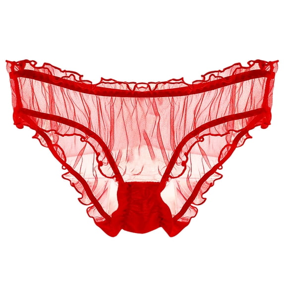 Sheer Mesh Breathable Lace Cotton Crotch Low Waist Briefs Lingerie for Women Red One Size