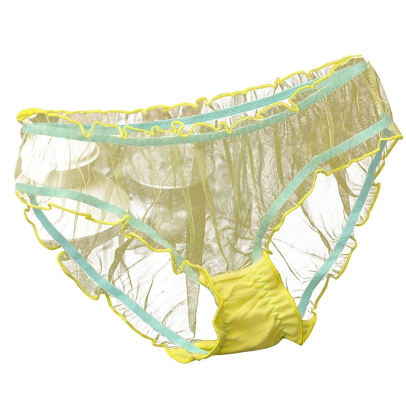 Sheer Mesh Breathable Lace Cotton Crotch Low Waist Briefs Lingerie for Women Yellow One Size