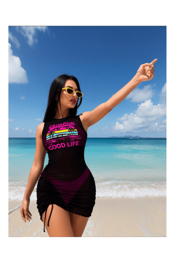 Sheer Mesh Cover Up Set - 3 Piece Pink Beach Kimono for Women; Swimsuit Cover-Up, Beachwear, Poolside Outfit with UPF 50+ Sun Protection; Lightweight Transparent Summer Clothes