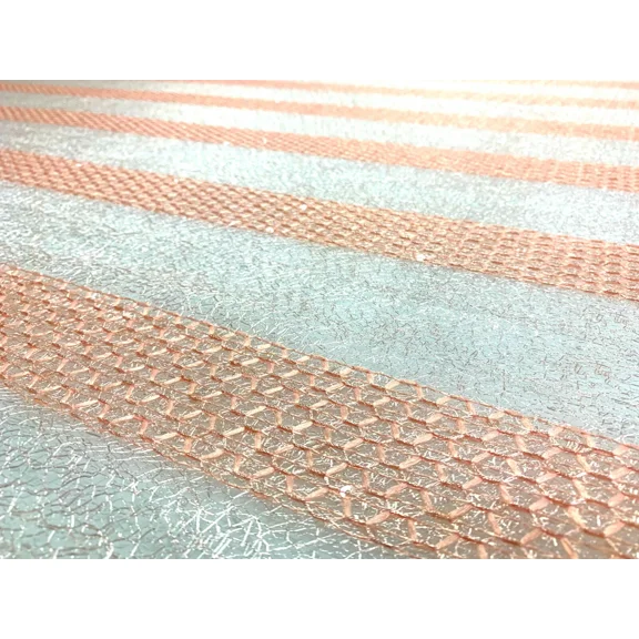 Sheer Mesh Fabric Soft Orange / Off-White Stripes, Transparent Sequins By Yard
