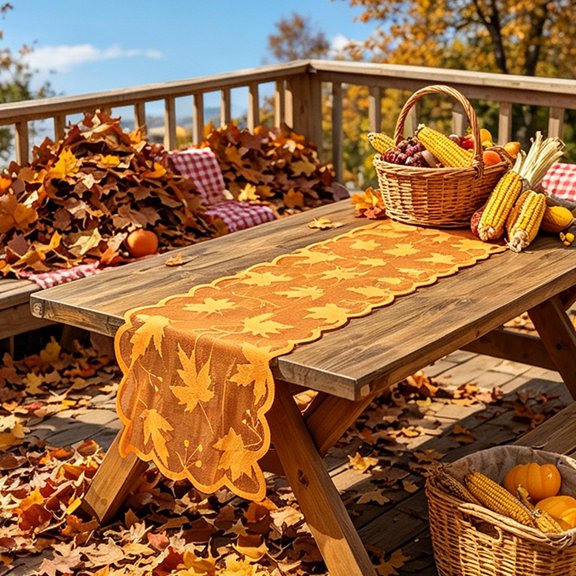 Sheer Mesh Fall Halloween Tablecloth with Maple Print, Scalloped Border Halloween Party Decorations Dining Table, Spooky Table Cloth for Thanksgiving