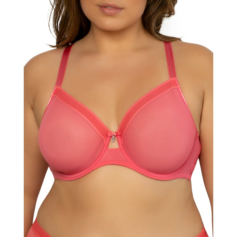 Curvy Couture Women's Sheer Mesh Full Coverage Unlined Underwire Bra Sun  Kissed Coral 46G