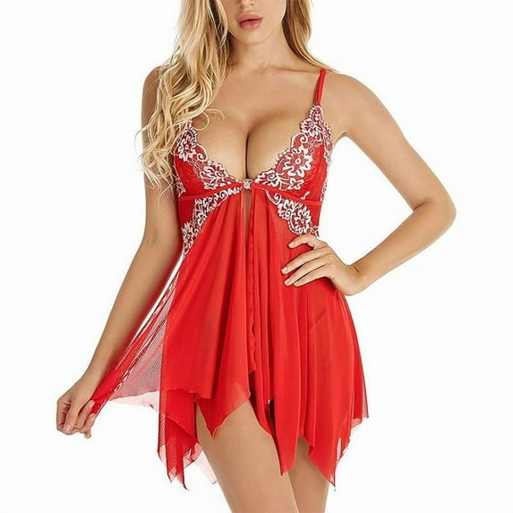 Sheer Mesh Lace Front-Button Nightgown with Push-Up & High Slit