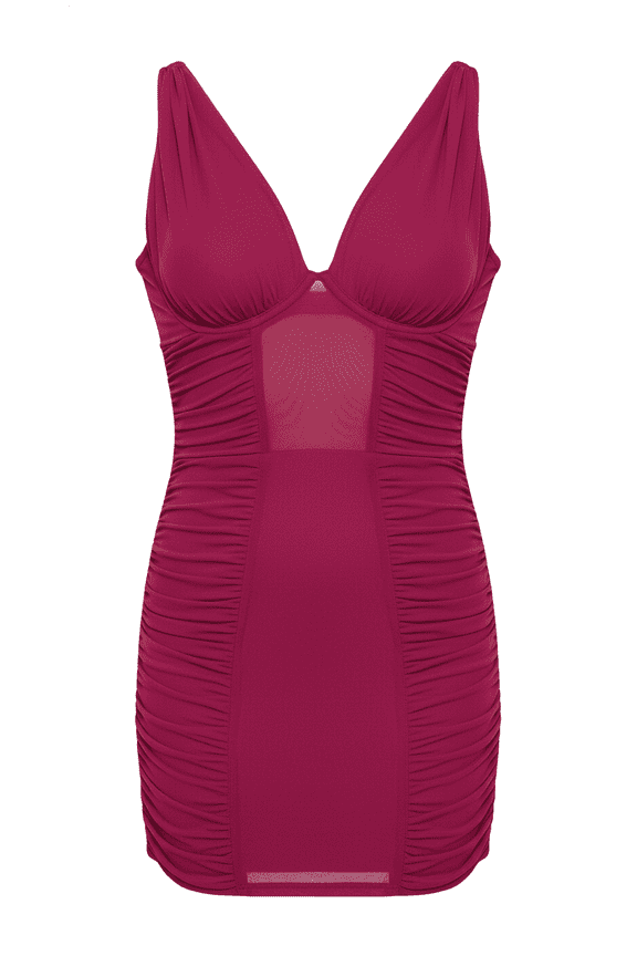 Sheer Mesh Ruched Side Chemise & G-string Raspberry Sm