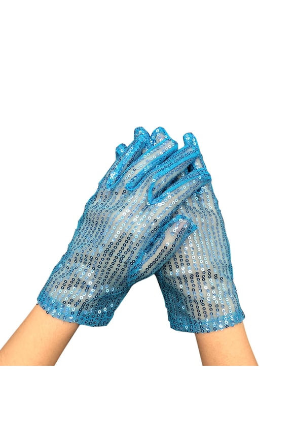 Sheer Mesh Sequin Gloves for Adults, Stretchy Sparkly Gloves for Stage Performance, Available in 10 Colors for Holiday Parties and New Year Events - Light Blue