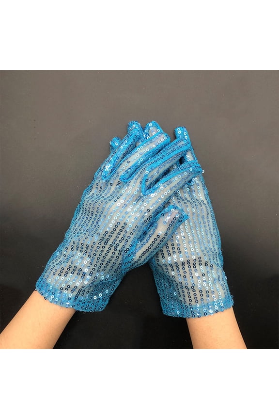 Sheer Mesh Sequin Gloves for Adults, Stretchy Sparkly Gloves for Stage Performance, Available in 10 Colors for Holiday Parties and New Year Events - Light Blue