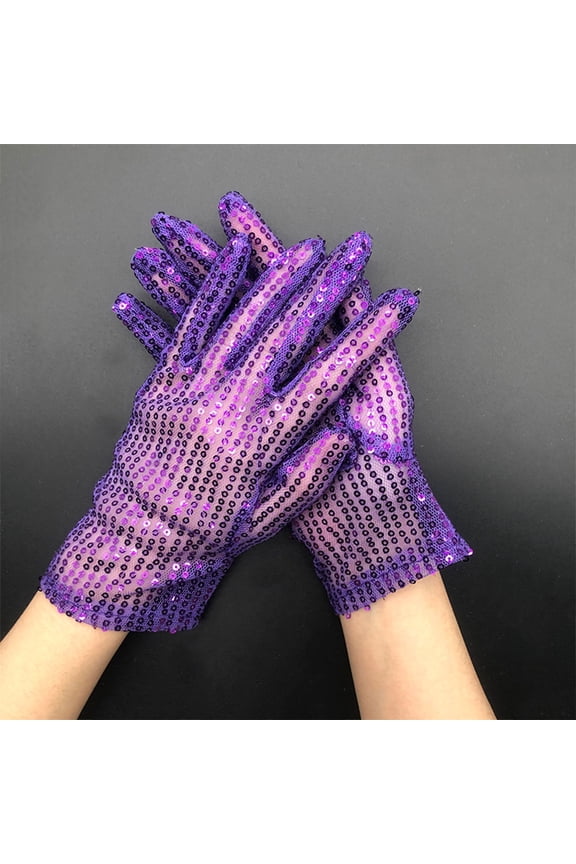 Sheer Mesh Sequin Gloves for Adults, Stretchy Sparkly Gloves for Stage Performance, Available in 10 Colors for Holiday Parties and New Year Events - Purple