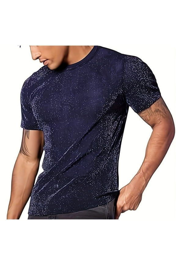 Sheer Mesh T-Shirt Men Short Sleeve Sexy Glitter Tshirts Fashion Shiny Metallic Shinning Pullover Tops Clubwear