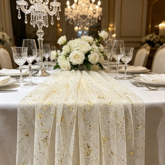 Sheer Mesh Table Runner, Gold Stamping Table Runner 70x200cm for Weddings, Parties, Events European Dining Decor