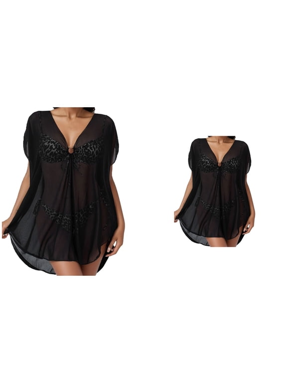 Sheer Mesh V-Neck Cover Up Dress for Women Lightweight Chiffon Beach Wrap, Mini Bikini Coverup, Shiny Swimwear Cover Ups