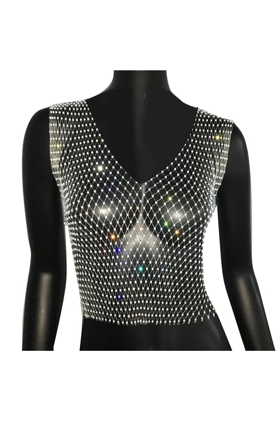 Sheer Mesh V Neck Crop Tanks Top with Glittering Rhinestones Women's Vest Coverup Shirt for Night Out Clubwear