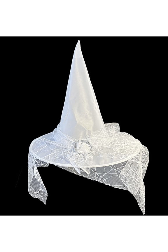 Sheer Mesh Witch Hat for Women & Men, White Lace Spiderweb Pointed Cone Hat with Floral Rosette - Halloween Magic Wizard Headpiece (1 Piece)
