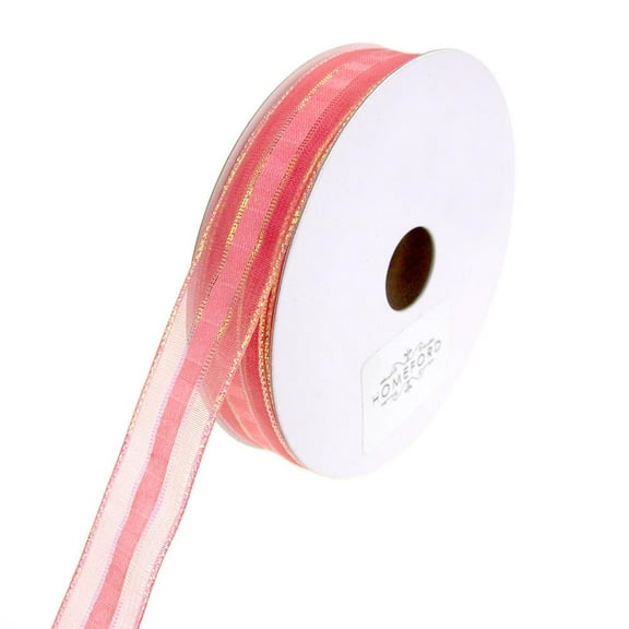 Sheer Metallic Iridescent Edge Natalia Ribbon, Coral, 5/8-Inch, 25-Yards