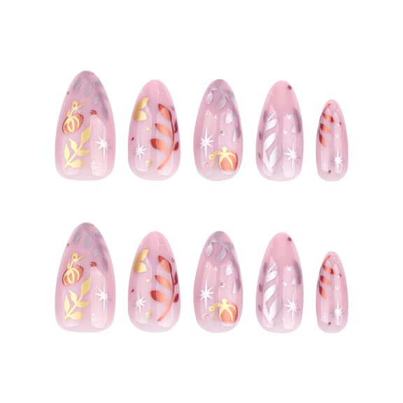Sheer Nude Pink Autumn Pumpkin Leaf Pattern Press on Nails, Medium Almond Glossy Fake Nails with Star Accent, 24 Count