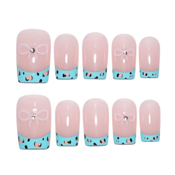 Sheer Nude Pink Blue Tip French Leopard Print Press on Nails, Short Squoval Glossy Fake Nails with Bow Rhinestone Accent, 10 Count