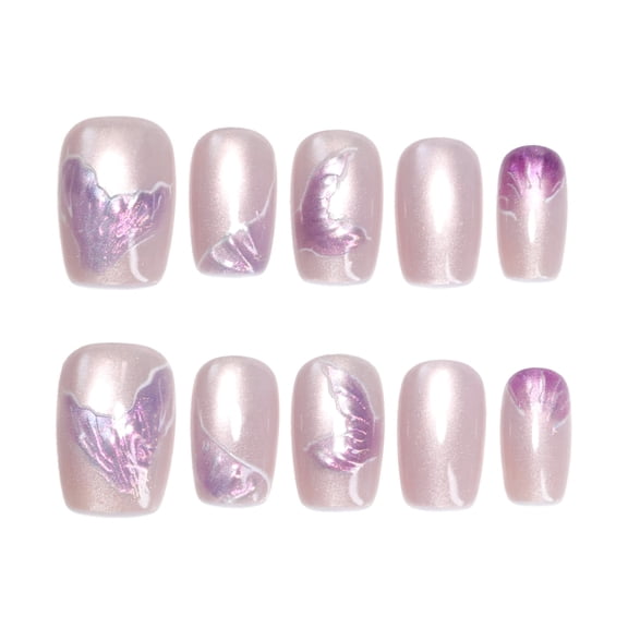 Sheer Nude Pink Mermaid Tail Iridescent Press on Nails, Medium Squoval Glossy False Nails, 10 Count