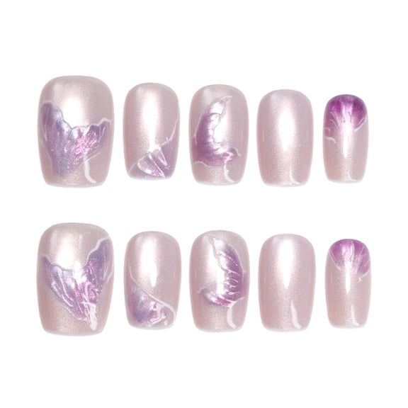 Sheer Nude Pink Mermaid Tail Iridescent Press on Nails, Medium Squoval Glossy False Nails, 10 Count