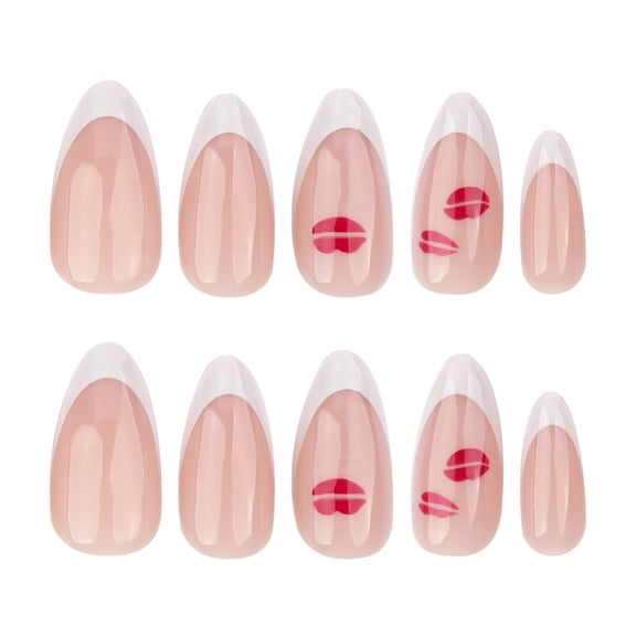 Sheer Nude Pink White Tip Red Lip Print French Tip Press on Nails, Short Almond Glossy False Nails, 24 Count