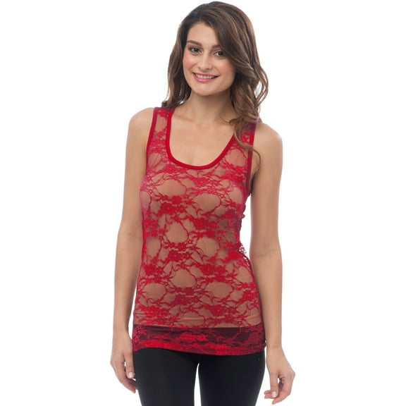 Sheer Nylon Lace Racerback Tank Top (Small, Dark-Red)