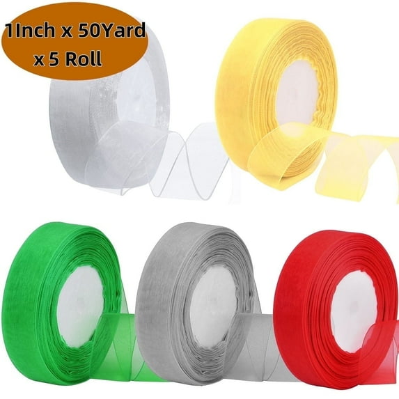 Christmas Chiffon Ribbon 5-Roll Set 1" x 50 Yards Each Fringe Ribbons for DIY Crafts Gift Wrapping Holiday Gifts and Home Party Décor
