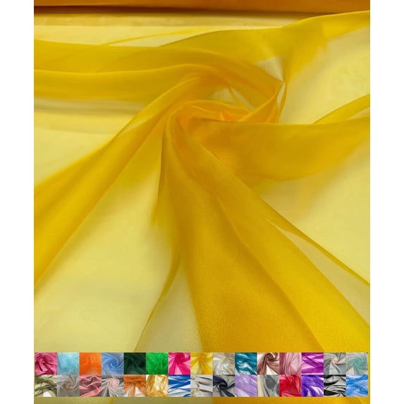 Sheer Organza Fabric by the Yard for Sewing Fashion Wedding Dress DIY Event Decorations, 60’’ Wide Sparkle Silky Crystal Organza Fabric (Yellow, 10 Yard)