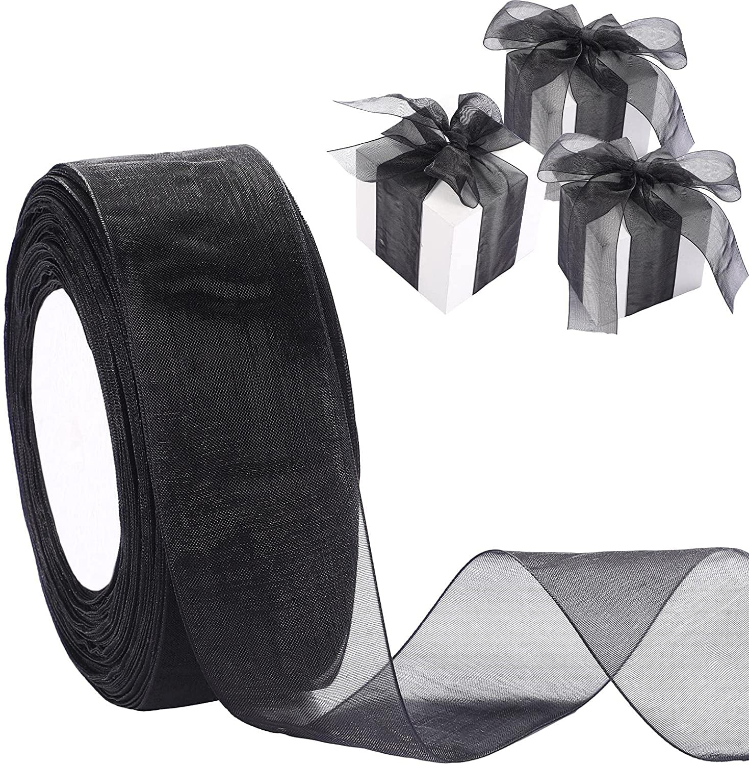Sheer Organza Ribbon for Gift Wrapping Chiffon Tulle Mesh Ribbon Clear Weeding Christmas Tree Decor DIY Crafts(1.6 Inch Wide 49 Yard Long,Black)