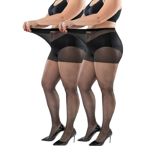 Sheer Pantyhose Plus Size - 2 Pack 20D Ultra Durable Queen Size Tights, Straight Crotch Stocking for Chubby Girls, Women