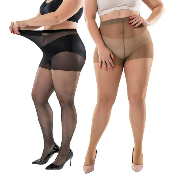 Sheer Pantyhose Plus Size - 2 Pack 20D Ultra Durable Queen Size Tights, Straight Crotch Stocking for Chubby Girls, Women