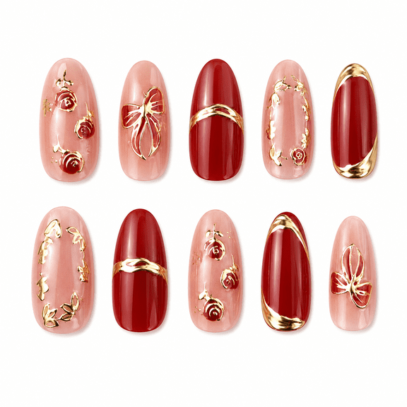 Sheer Pink Burgundy Rose Press on Nails, Short Almond Glossy Cat Eye Fake Nails with Gold French Tip, 24 Count