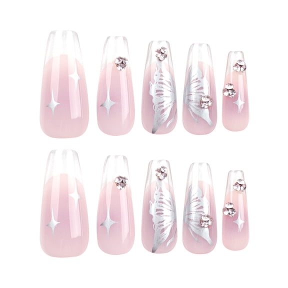 Sheer Pink Butterfly Star Rhinestone Press on Nails, Medium Coffin Glossy False Nails, 24 Count