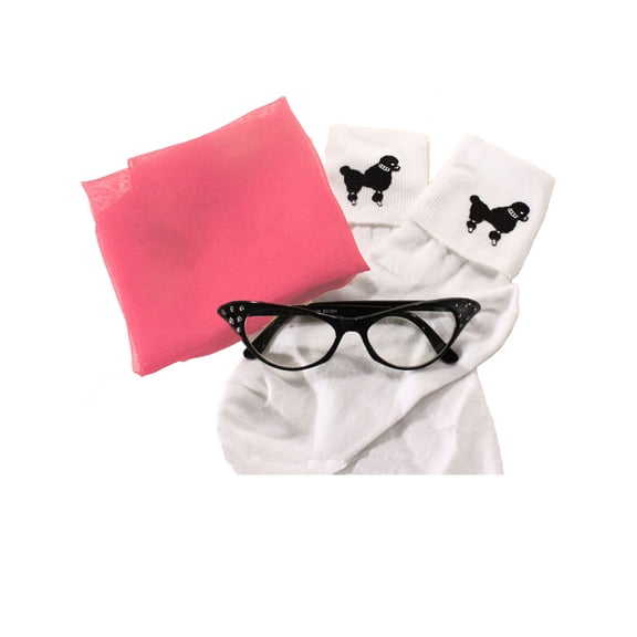 Sheer Pink Chiffon Scarf, Cat Eye Glasses & Poodle Socks - 50s Accessory Set