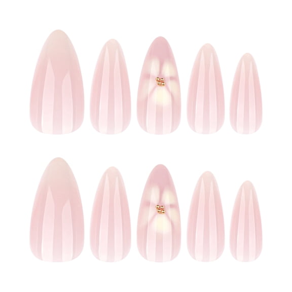 Sheer Pink Floral with Metal Bead Accent Press on Nails, Medium Almond Glossy Translucent False Nails, 24 Count