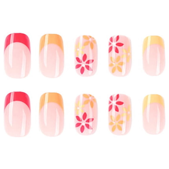 Sheer Pink French Tip & Floral Press on Nails, Short Squoval Glossy False Nails with Red Orange Tips, 24 Count