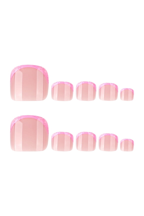 Sheer Pink French Tip with Glitter Edge Press on Toenails, Short Squoval Glossy Fake Toenails, 24 Count