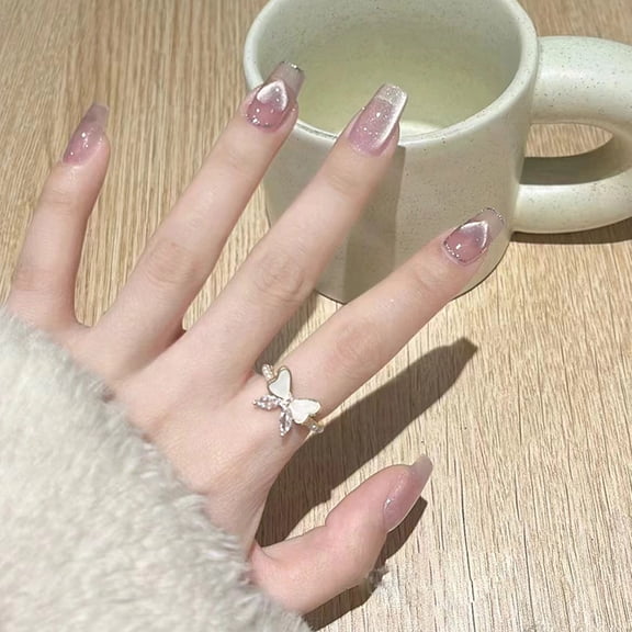 Sheer Pink Glitter Press On Nails Medium Coffin Fake Nails Silver Shimmer Glossy Finish Full Cover Adhesive Press Ons Sparkly Acrylic False Nails Artificial Nail Tips For Daily Wear 24 Pcs